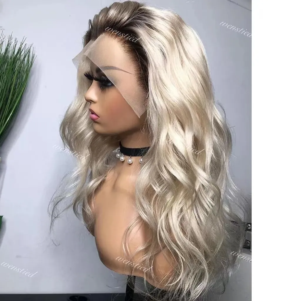 Ombre Ash Blonde spets framspeglar Human Hairdark Roots Chinese 13x4 Human Hair.