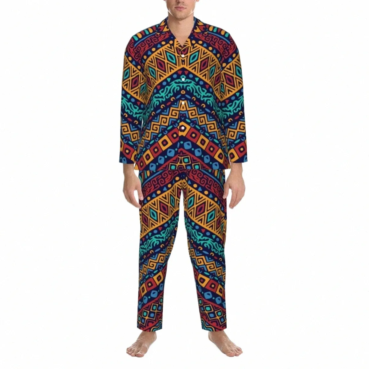 Africano Tribal Pijama Define Vintage Imprimir Fi Pijamas Homens LG-Sleeve Casual Noite 2 Peças Nightwear Tamanho Grande 2XL g8Pg #