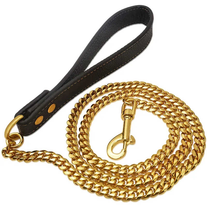 Leashes Metal Dog Leash Rostfritt stålkedja 18K Guld PET LEAD med mjukt PU -läderhandtag för medelhög hundpromenadträning