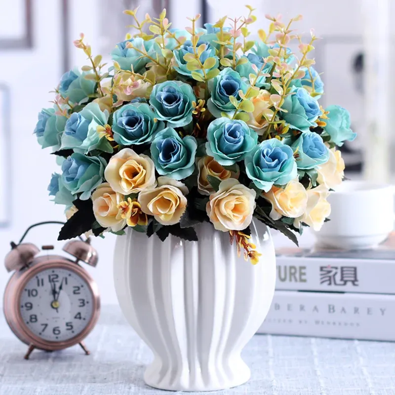 Filme Moderne Keramikvase + künstliche Blume Heimhandwerk Figur Dekoration Wohnzimmer Desktop Rose gefälschter Blumentopf Ornament Vase Kunst