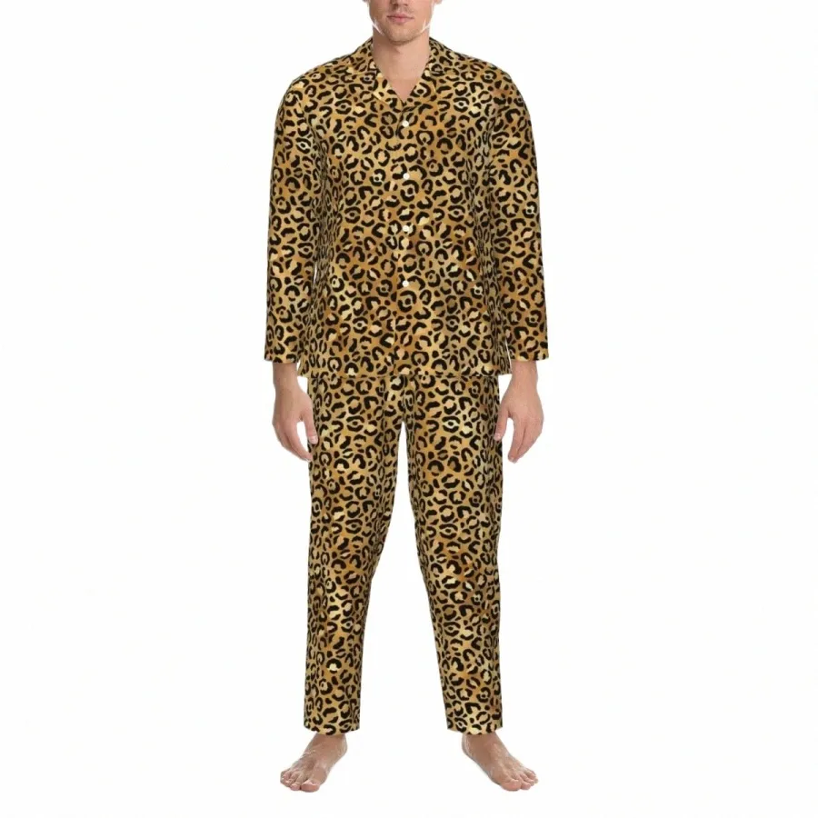 Ensembles de pyjama imprimé léopard Trendy Black Gold Vêtements de nuit confortables Unisexe Lg manches Casual Room 2 pièces Costume à la maison Plus Taille R3du #