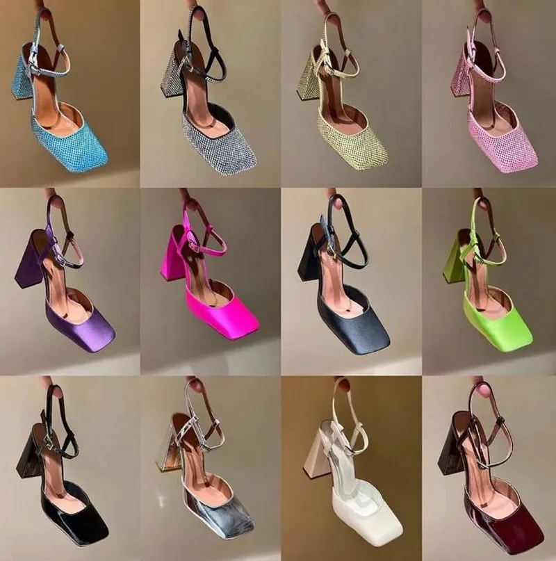 Tasarımcı Pompalar İpek Sandalet Yüksek Topuklu Rhinestone Kare Toe Kalın Topuklu Moda Çok yönlü Lüks Slingback One Düğmesi Seksi Mary Jane Ayakkabı 2024 Yeni Model