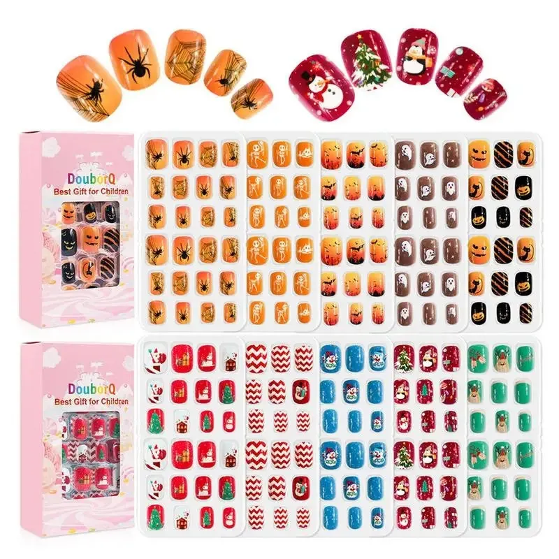 120PCS Halloween Christmas Cartoon Childrens Fake Nails Self Adhesive Full Coverage Press Nail Tip Accessory Gifts for Kids 240318