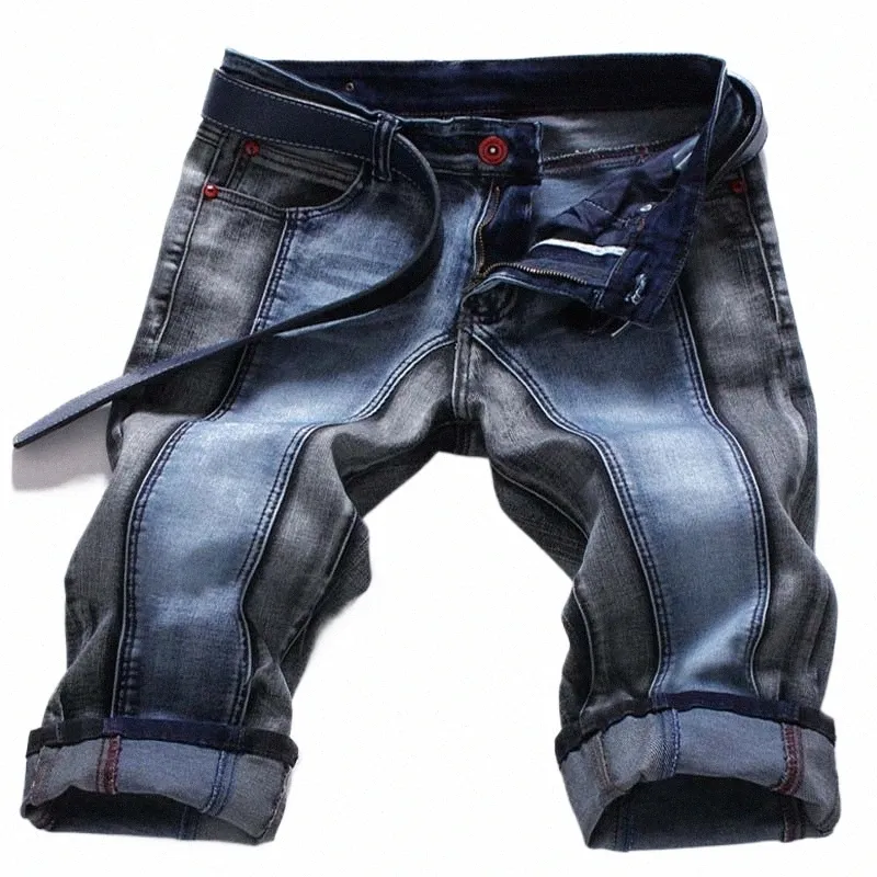 McIkkny Fi Men's Denim Slim Fit Patchwork Jeans Shorts for Male Strain Streetwear H7Qx#