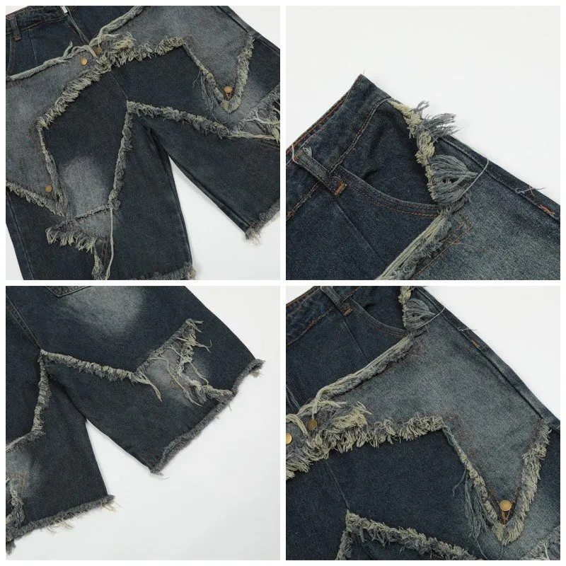 Haruku Vintage Embroidered Star Pattern Denim Shorts For Men