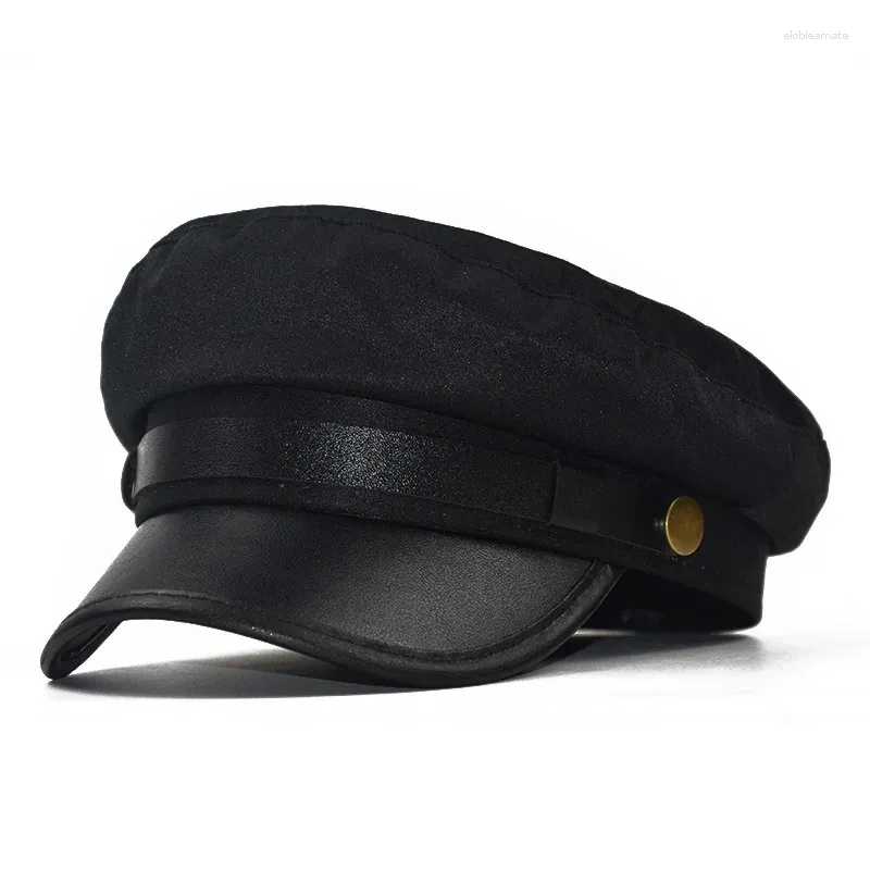 Berets Couro Brim Beret Sboy Cap Octogonal com Botão de Cinto Homens Mulheres Plana Algodão Marinha Chapéus para Artista Pintor Chapéu