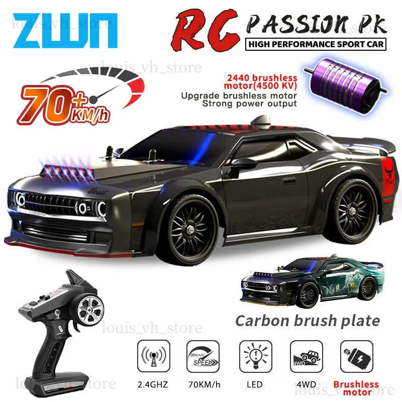 Electric/RC Car Zwn 1 16 70 km/h borstlös RC -driftbil med LED -lampor 4WD Electric High Speed ​​Racing Remote Control Monster Truck for Kids Gift T240325