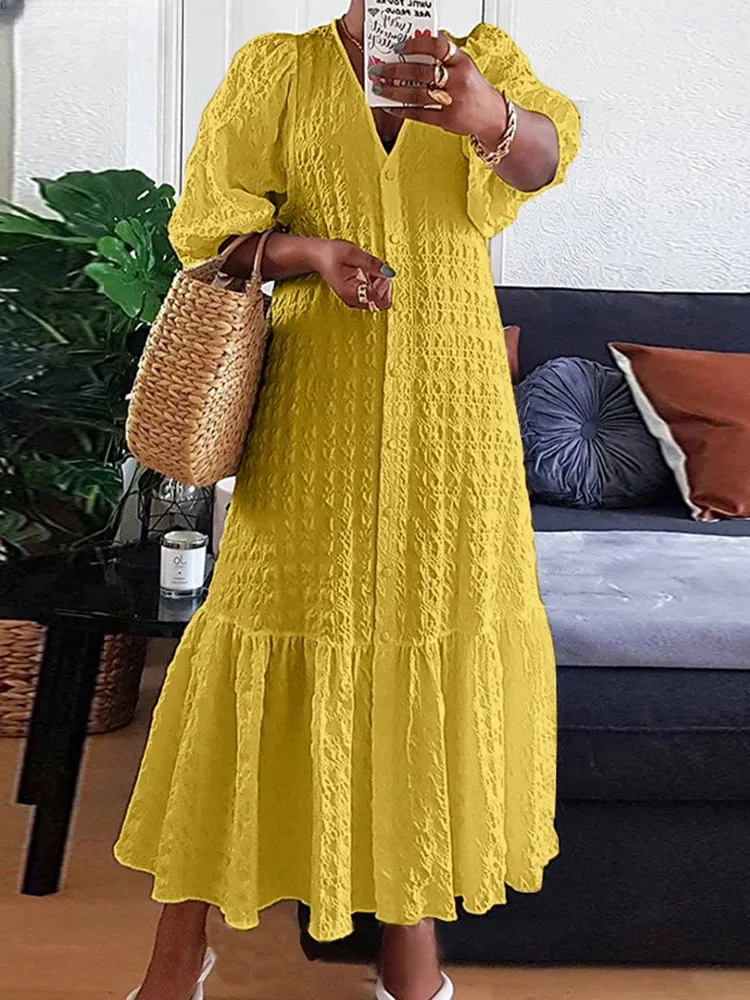 Sukienka dla kobiet w dużych rozmiarach Summer Sexy V Neck Buttons Połowa rękawy długie Maxi Vestidos Bohemian Elegancka Party Srabe 240318