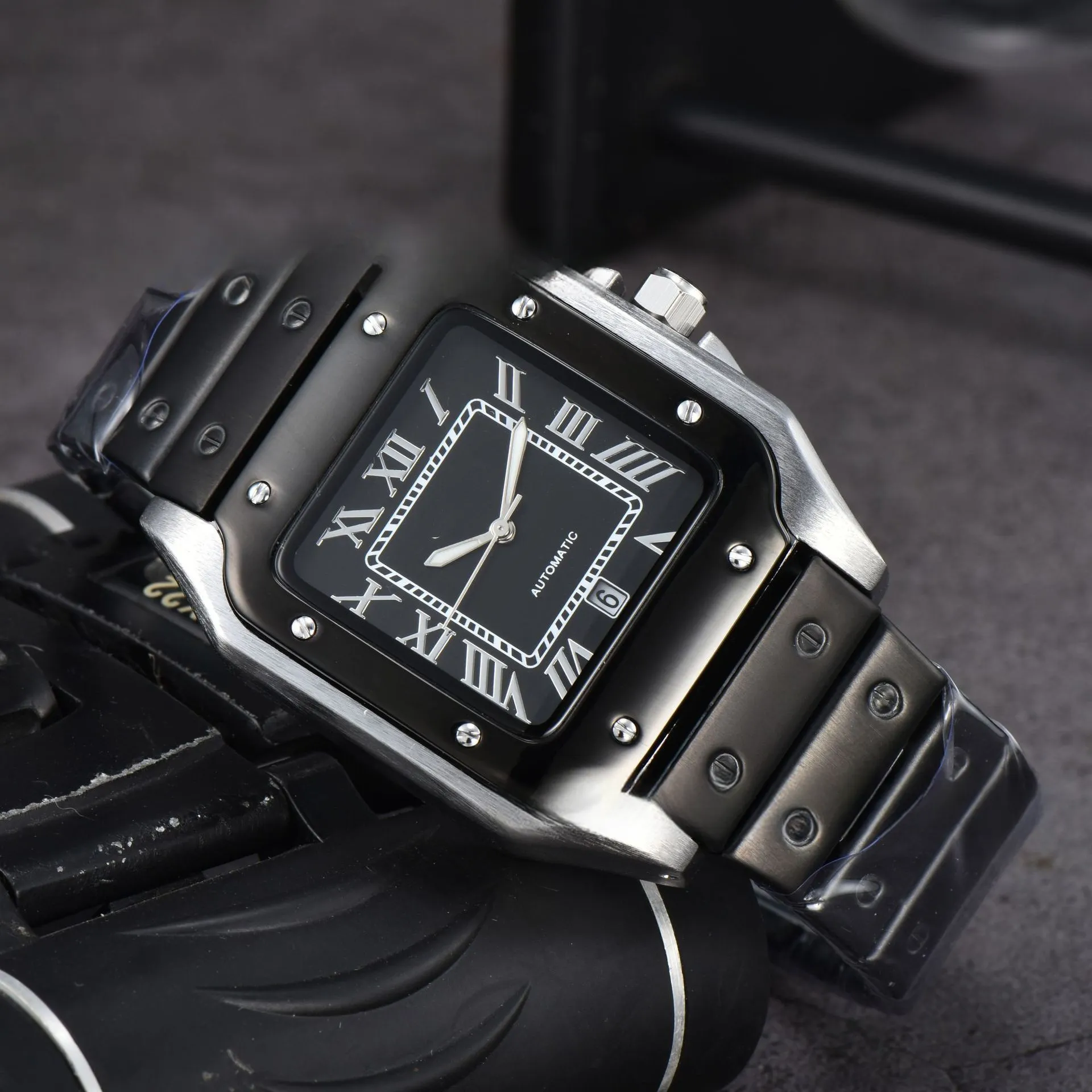 Роскошные мужские часы 3 -булавки Кварц -квадратные часы с сканированием второго движения календарь Все стальные часы квадрат набор AAA Watch Высокое качество