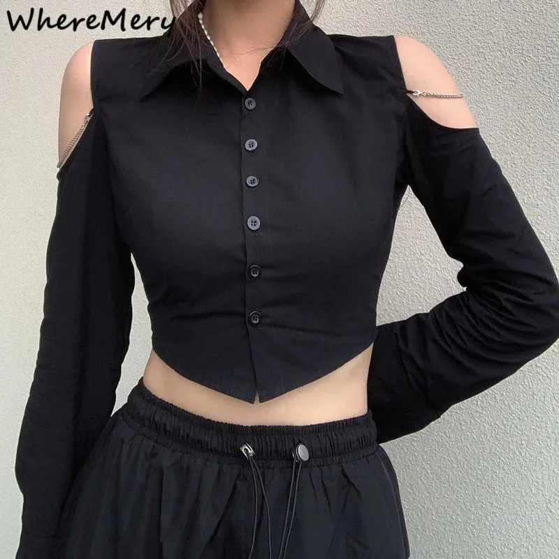 Wheremery ol sexy Off Shoulder Black Blouse Poloneckボタンカーディガンクロップトップ