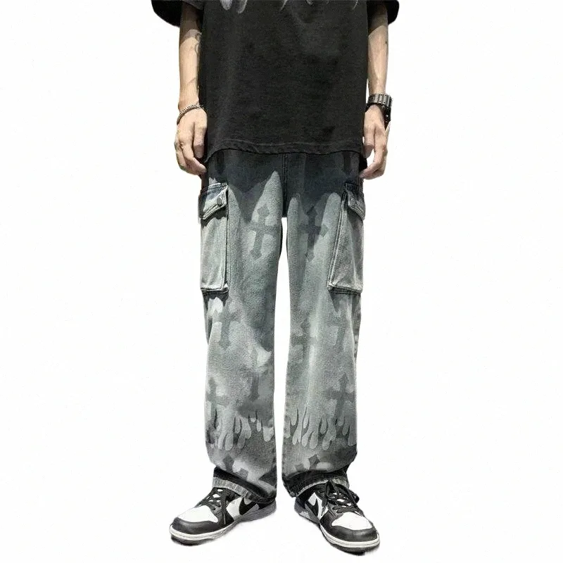 Y2k Punk Denim Broek Mannen Harajuku Vlam Kruis Print Kleurblok Fi Casual Baggy Jeans Mannelijke Rechte Broek Multi-zakken 36ac #