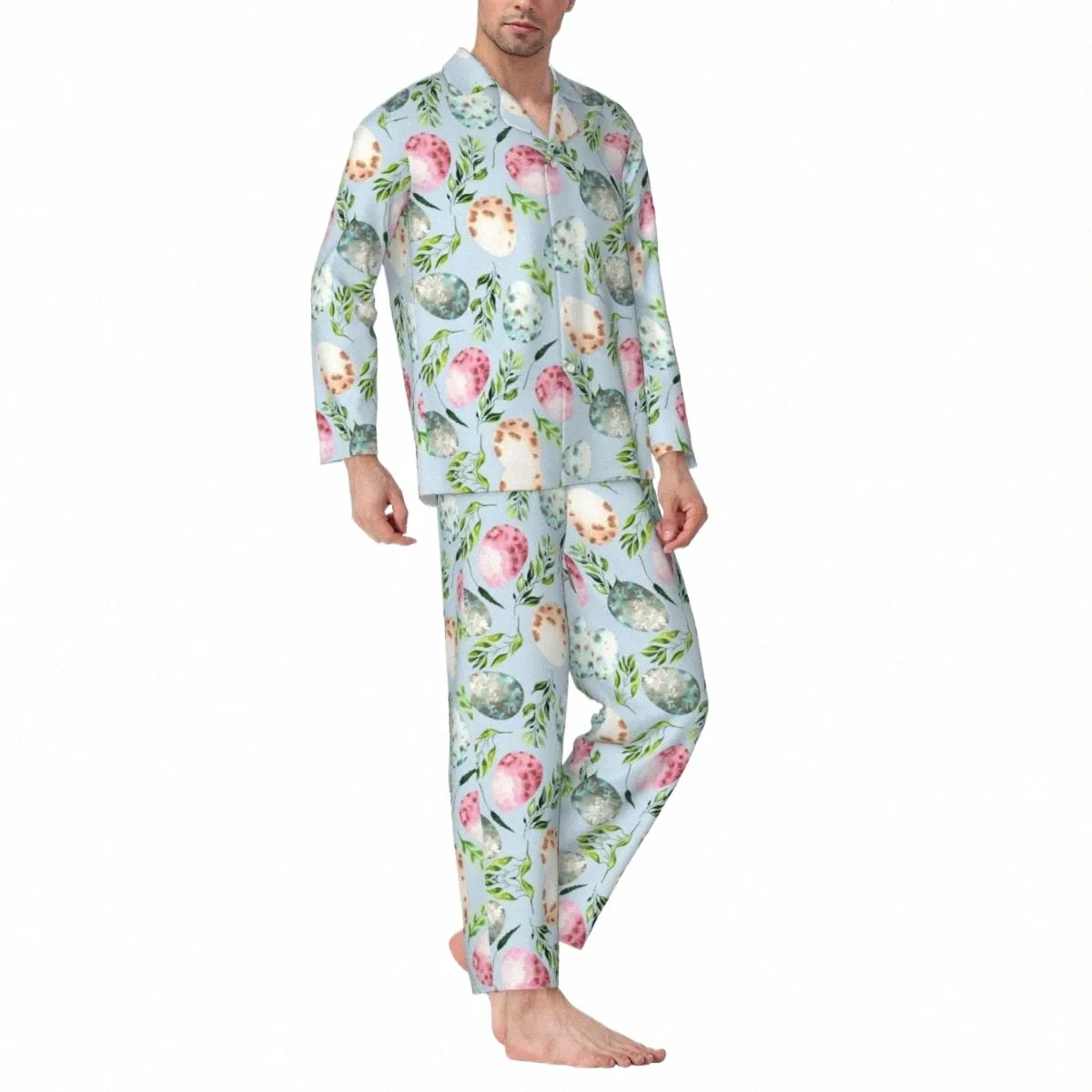 Il pigiama del giorno di Pasqua imposta le uova e le foglie primaverili degli indumenti da notte da notte alla moda da uomo 2 pezzi larghi da notte di design oversize idea regalo H8uh #