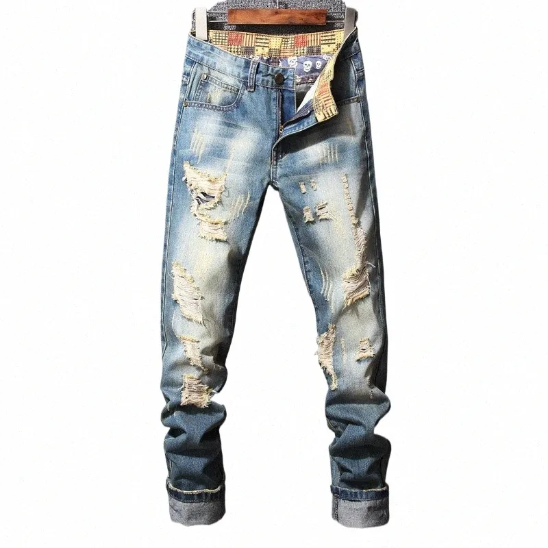 new Men Denim Jeans Hole Ruined Brand Design High Street Trousers New Hip Hop Four Seas Pants Male Plus Size s3OT#