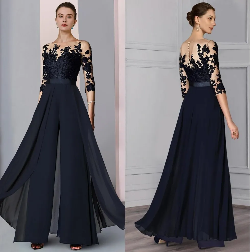 Elegant Jumpsuits Mother Of The Bride Dresses Sheer Long Sleeves Lace Applique Chiffon Evening Party Gowns Pantsuits Plus Size Guest Mother's Dress BC18216 0326