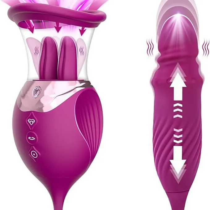 Rose seksspeeltje, dildo-vibrators, volwassen speelgoed voor koppels, vrouw, opgewaardeerd, 4-in-1, zuigen, tonglikken, stuwende dildo's, G-spot vibrator, clitoris-tepelstimulator (paars)