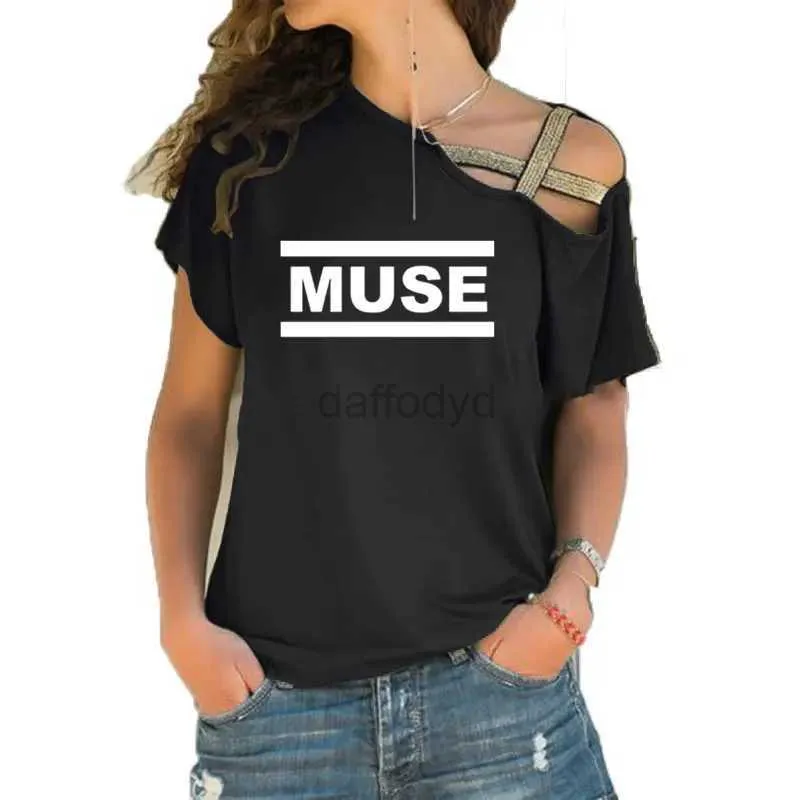 Kvinnors tankar Camis Muse T-shirt Womens Muse T-shirt Summer kortärmad bomull Oregelbunden skelett crossover T-shirt Top Rock Band T-shirt Casual 24326