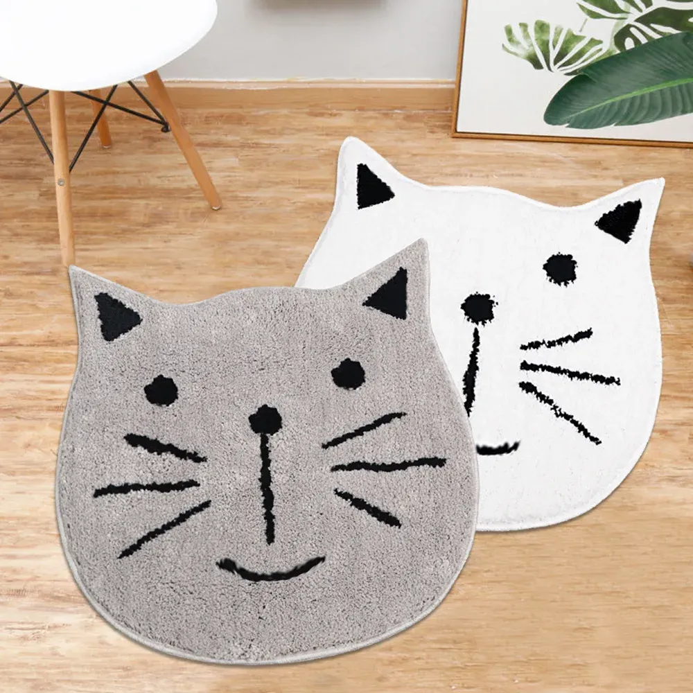 Inyahome Tapis de bain rond de luxe en forme de chat mignon - Antidérapant - Absorbant - Tapis de lit en peluche moelleux en microfibre - Tapis épais