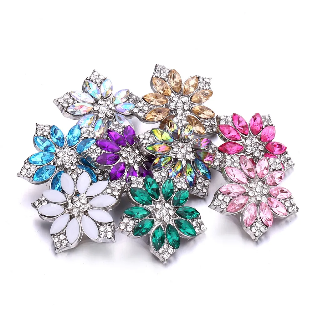 Högkvalitativ strass blomma 18mm metall snap -knappar diy charms knapp smycken