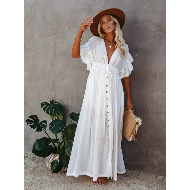 Sexy Bikini Coverups Lange Witte Tuniek Casual Zomer Strand Jurk Elegante Vrouwen Kleding Dragen Badpak Cover Up 240320