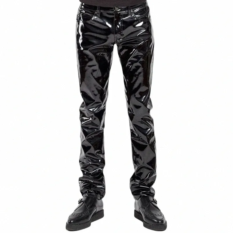 heta försäljning motorcykel män sexig svart våt look pvc scen slitage faux läder blyertsbyxor mager latex leggings pole dance clubwear z8at#