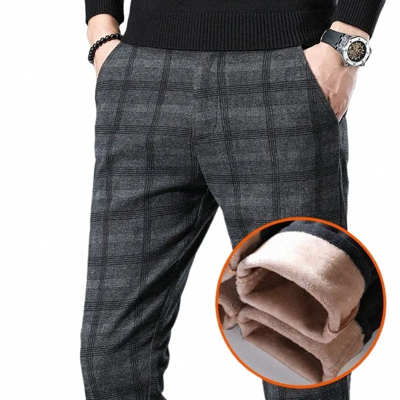 Zimowe spodnie polarowe ME WYSOKIEJ jakość Busin Casual Tablid Slim Cott Lg Spodnie męskie czarne szare gęste spodnie duże rozmiar 28-40 V97V#