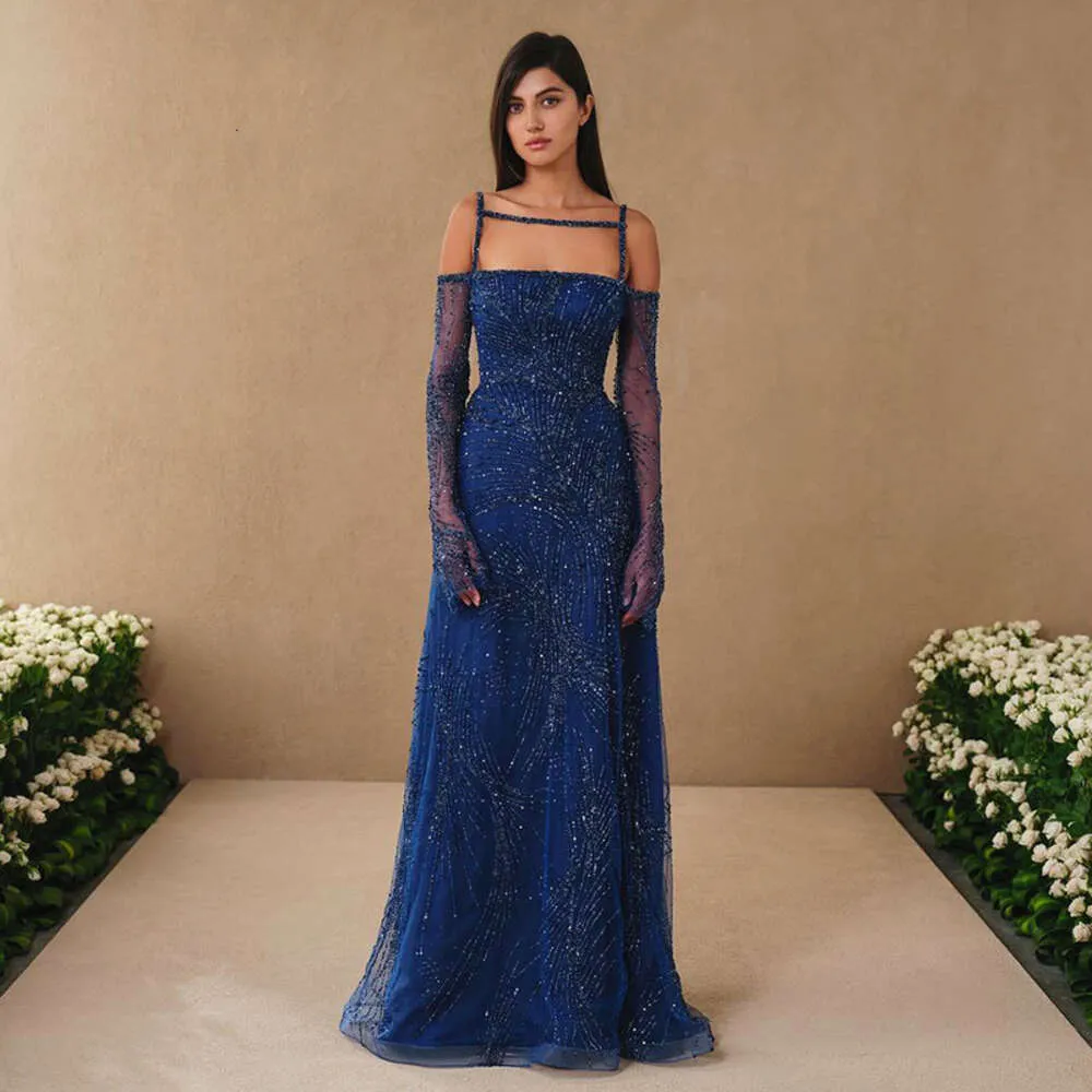 Abend Marineblau Sharon Said Arabisches Kleid mit langen Ärmeln 2024 Perlen Dubai Frauen Hochzeitsgast Partykleider Ss396