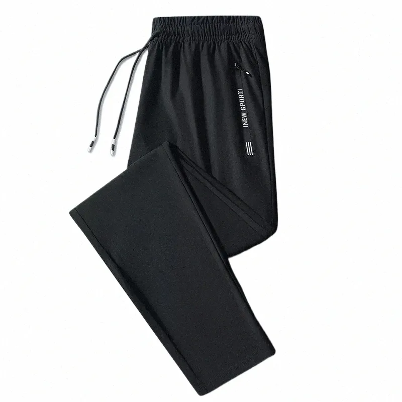 Summer Ice Silk Elastyczne spodnie dla mężczyzn cienki modny pasek prosta rurka Summer Szybki suszenie oddychające sportowe spodnie 24ss#