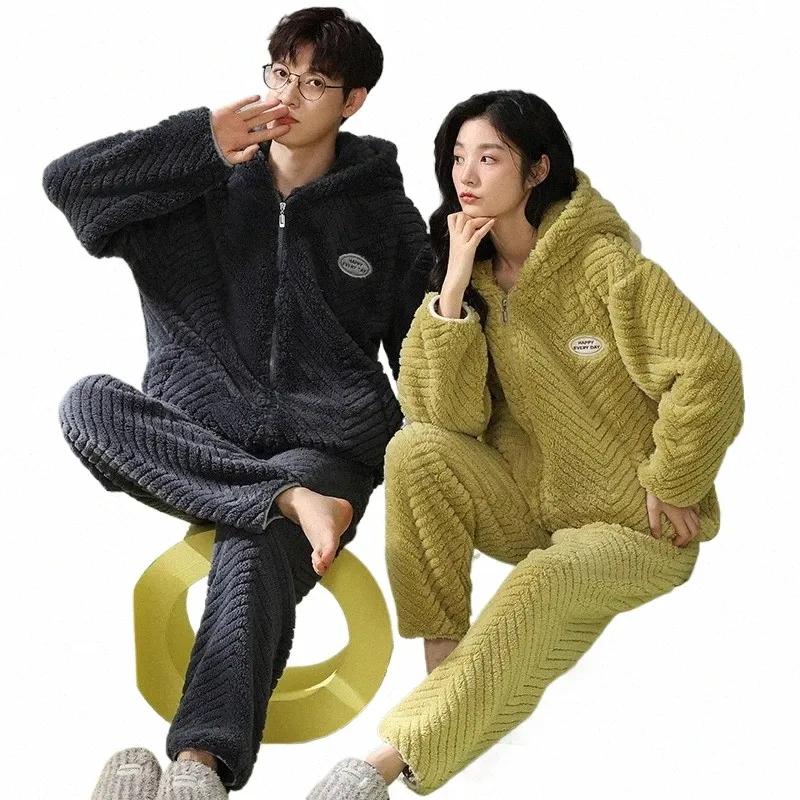 2024 novos casais com capuz pijamas conjunto mulheres homens inverno engrossar pijamas conjunto flanela coreano homewear quente pijamas hoodies t3qn #