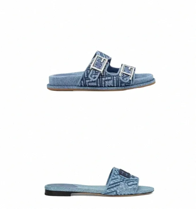 nieuwe platte sandalen met dubbele band, decoratieve F-gesp en antieke blauwe denim materiaalversiering, gewatteerd F-patroon maat 35-42 met doos w4pk#