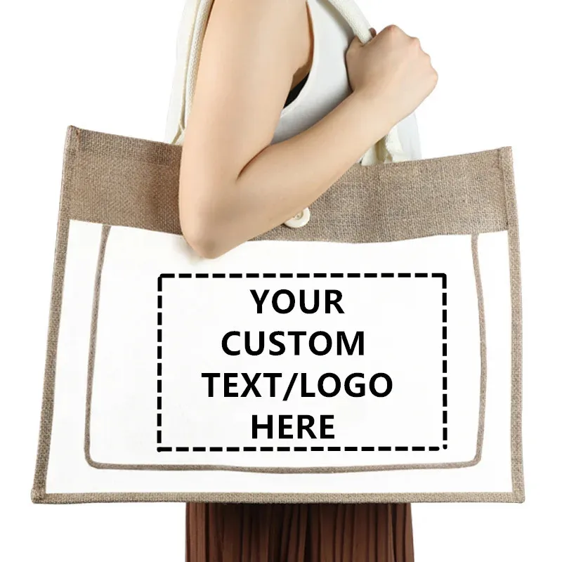 Printing Custom Shoulder Bags for Women High Quality Jute and Cotton Beach Handbags Personalized Grocery Shopping Tote 240309