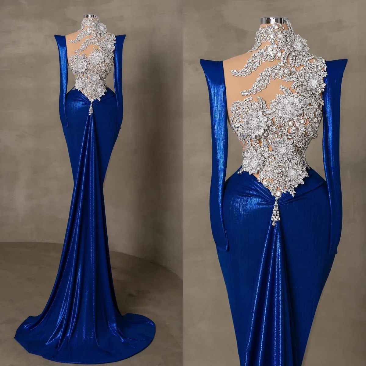 Robes de soirée modernes robe de bal en cristal perlé col haut à manches longues mince strass sirène robe de soirée formelle pour occasion spéciale