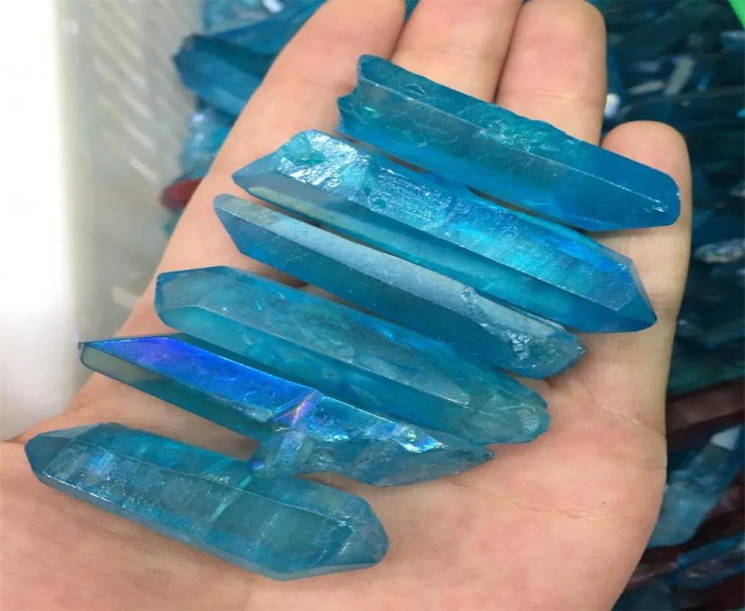 6pcs إسقاط الطبيعية الأزرق الأزرق من التيتانيوم aura quartz الكريستال الأحجار الكريمة نقطة شقرا شقرا النقطة الكريستال لصنع المجوهرات 4508803