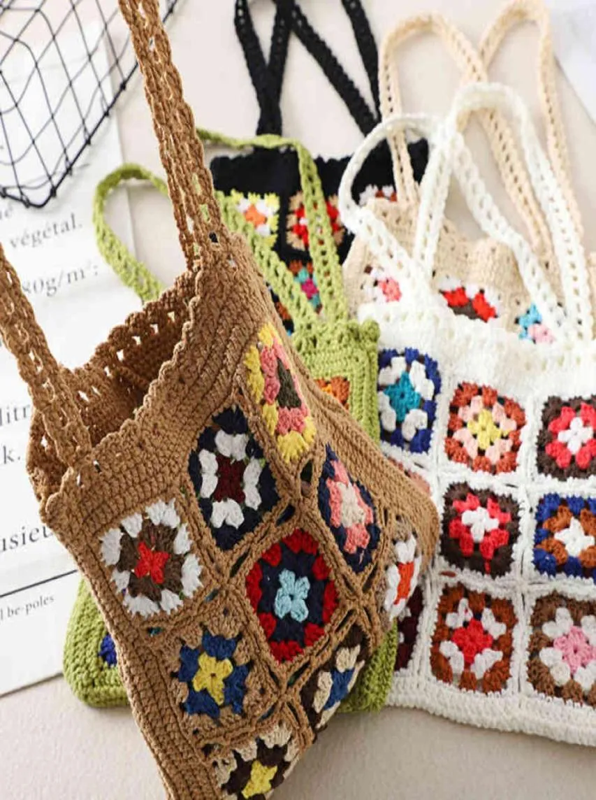 Bohemain Crochê Mulheres Bolsas de Ombro Granny Square Tote Casual Bolsas de Malha Artesanal Tecido Verão Praia Bolsa Pequena 2207058847205