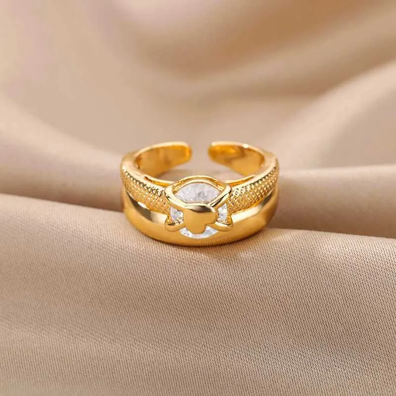 Bandringe Damen herzförmiger Ring vergoldet verstellbarer Edelstahlring 2023 Trend Luxus Hochzeitspaar Schmuck Anillos Mujer J240326