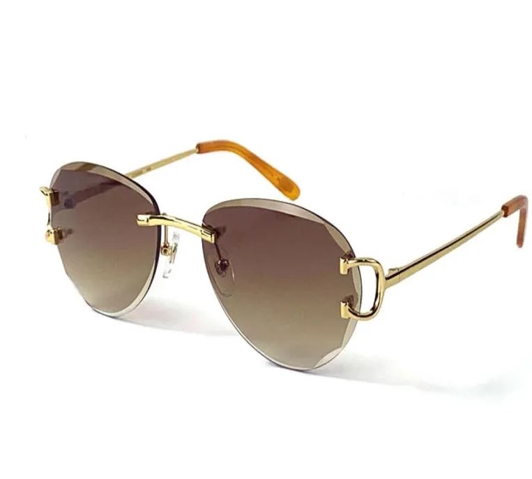 Solglasögon Vintage 0092 Män och kvinnor Designar Rimless Pilot Form Retro Glasögon Utsökta Cut Lens UV 400 Eyewear Gold Light Color 7508101