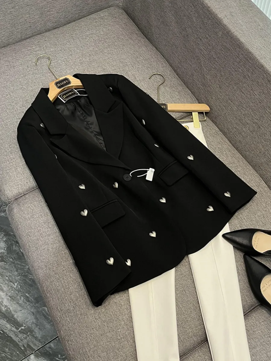 Spring Black Solid Color 3D Hearts Blazers Long Sleeve Notched-Lapel Single-Button Outwear Coats H4M211483