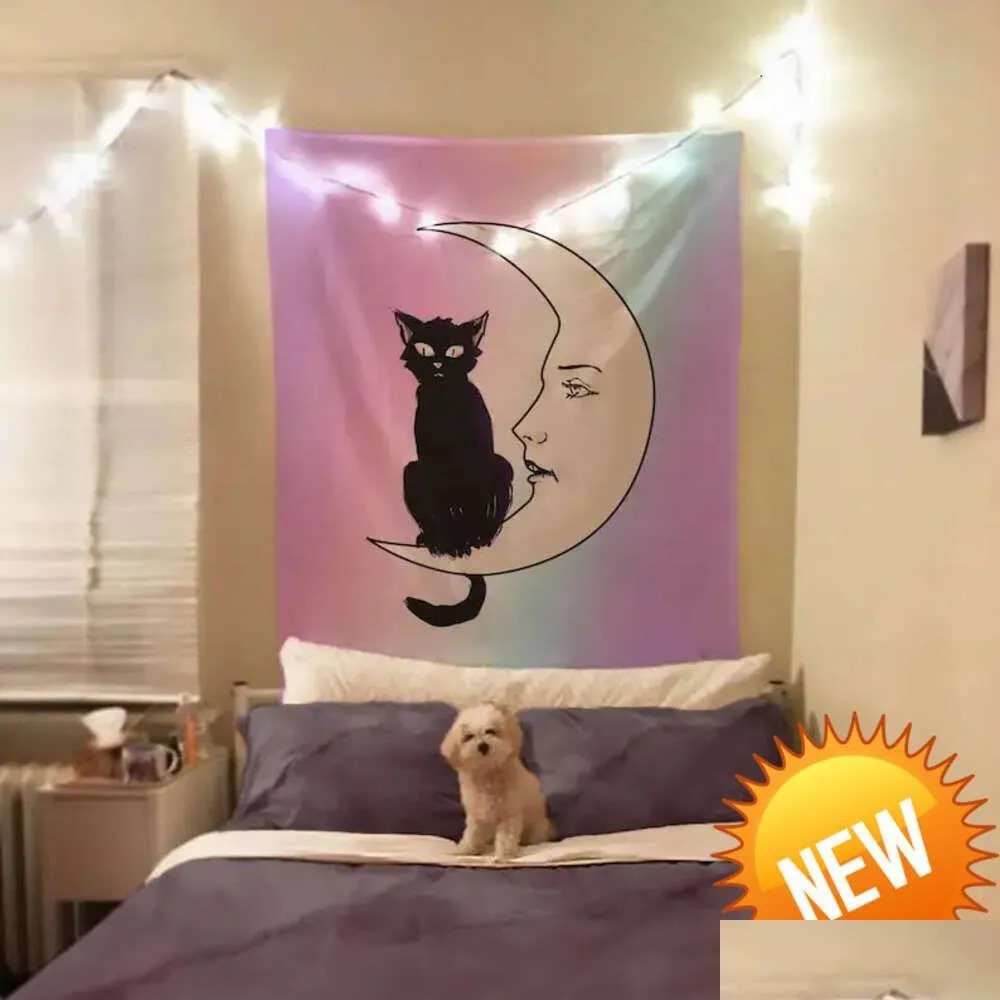 Tapestries La Luna Cat Card Moon Pastel Goth Tapestryhome Decoration Drop Delivery Home Garden Dhigf