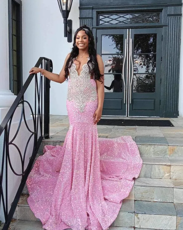 Rose Pink Sparkly Mermaid Prom Birthday Ceremony Dresses for Black Girl Gillter Diamond Velvet Evening Gala Formal Dress