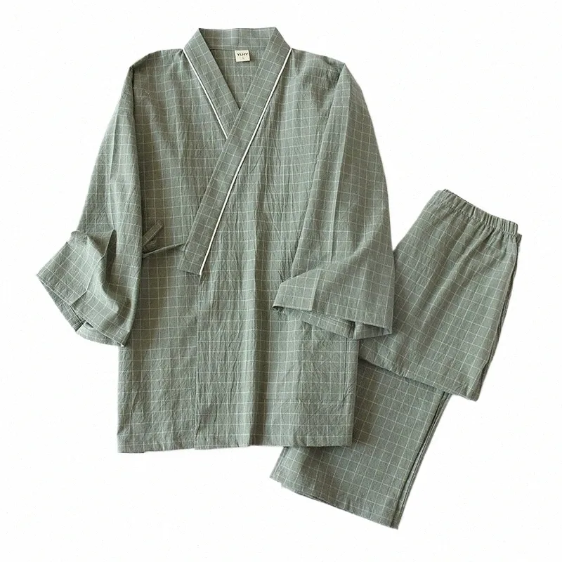 Kimo estilo japonês, gaze cott, primavera e outono camisola xadrez masculina de duas peças serviço doméstico yukata conjunto de pijama com cadarço r0sH #