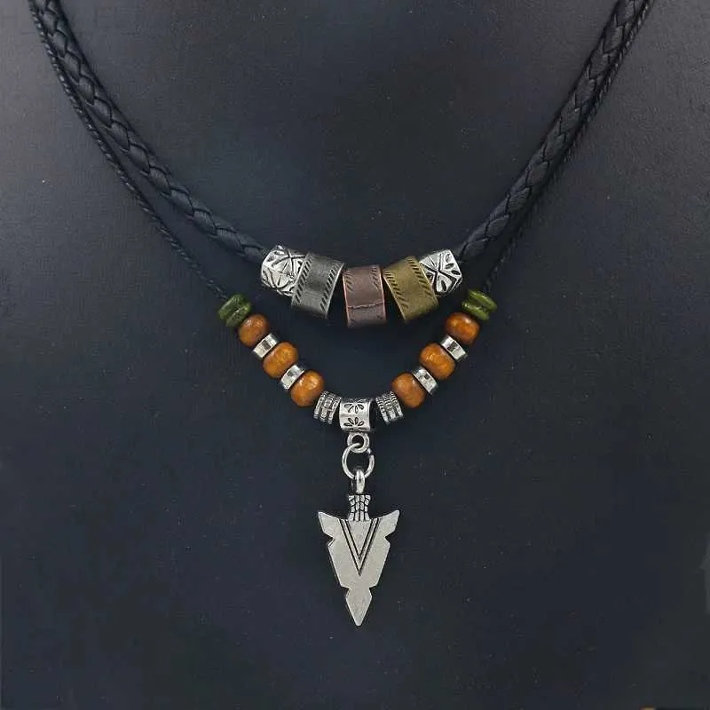 Anhänger Halsketten Gestapelte Kunstleder Seil Perlen Halskette Männer Vintage Layered Tribal Pfeil Anhänger Halskette Für Männer Schmuck Kragen HombreC24326