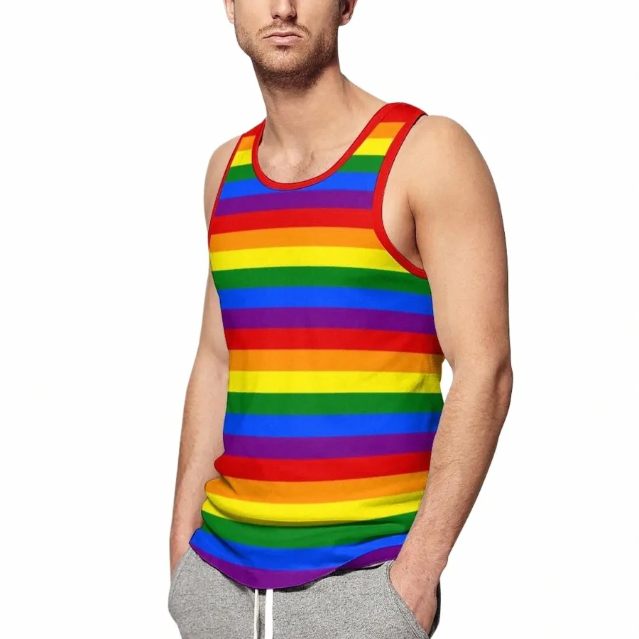 Débardeur coloré drapeau arc-en-ciel Gay Pride LGBT motif moderne Gym été hauts moulants impression complète chemises à manches pour hommes J6EB #