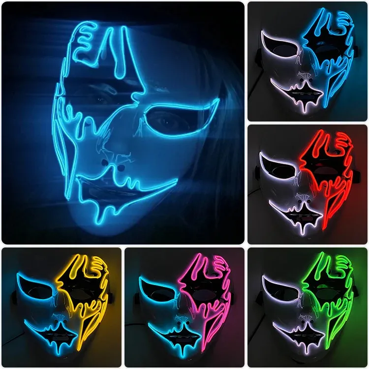 Neon Light Led Mask Led Halloween Scary Mask Cosplay Party Masque Masquerade Masks Halloween Costume Carnival Glow Party Props 240326