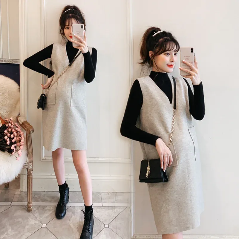 Dresses Pregnancy Maternity Dresses Long Sleeved Pregnant Women Autumn Winter Twopiece Maternity Clothes Dress Sweater Woolen Sundress