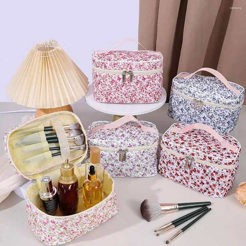 Bolsas de almacenamiento Bolsa de cosméticos Patrón floral Gran capacidad Doble cremallera suave Fácil de limpiar Organizador de maquillaje plegable