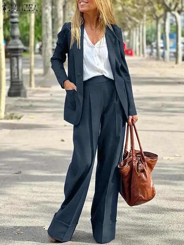 ZANZEA 2 pz Abiti da Vacanza Tuta Alla Moda Donna Autunno Manica Lunga Risvolto Collo Blazer Pant Set Moda OL Lavoro di Corrispondenza 240314