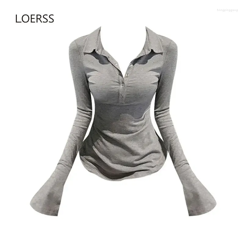 T-shirt da donna LOERSS T-shirt per donna Sottile sexy Club Slim bavero Colletto T-shirt Abbigliamento donna Cotone manica lunga Coreano Moda casual