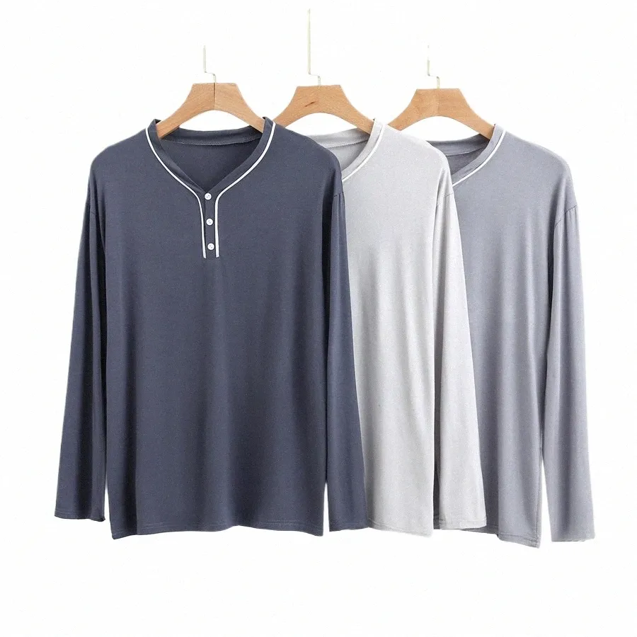 Modale Pigiama Sleep Top da uomo Butt-down con scollo a V Manica Lg T-shirt Intimo semplice Casual Sleepwear Uomo Henley Shirt s3Sj #