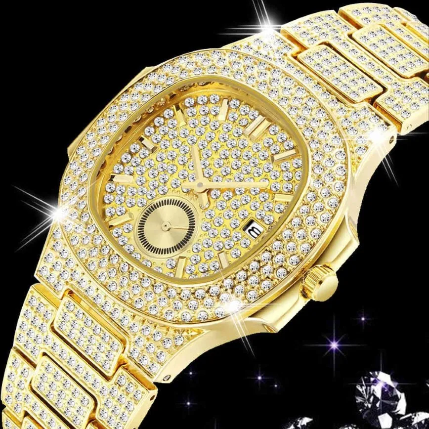 18K Gold Watches for Men Luxury Full Diamond Men's Watch Watch Fashion Quartz Wristwatches AAA CZ HIP HOP ICED Out Clock Clock RELOJ2157