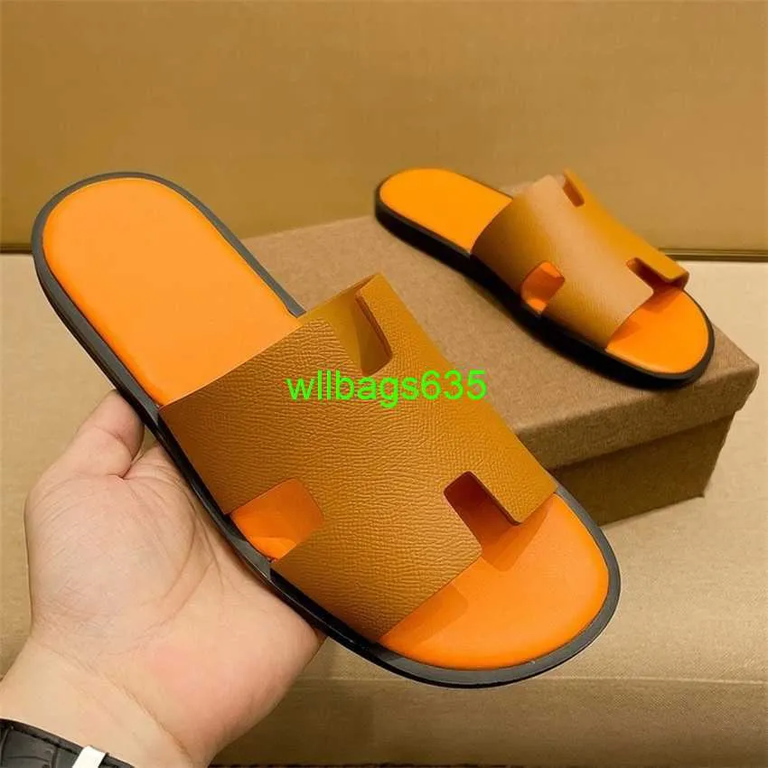 Mens Lzmir Sandals Leather Slippers Summer SoftSole Love Ma Orange Classic High End Slippers for Mens Outwear Outdoor High End Feel Slippers S have logo HBNI