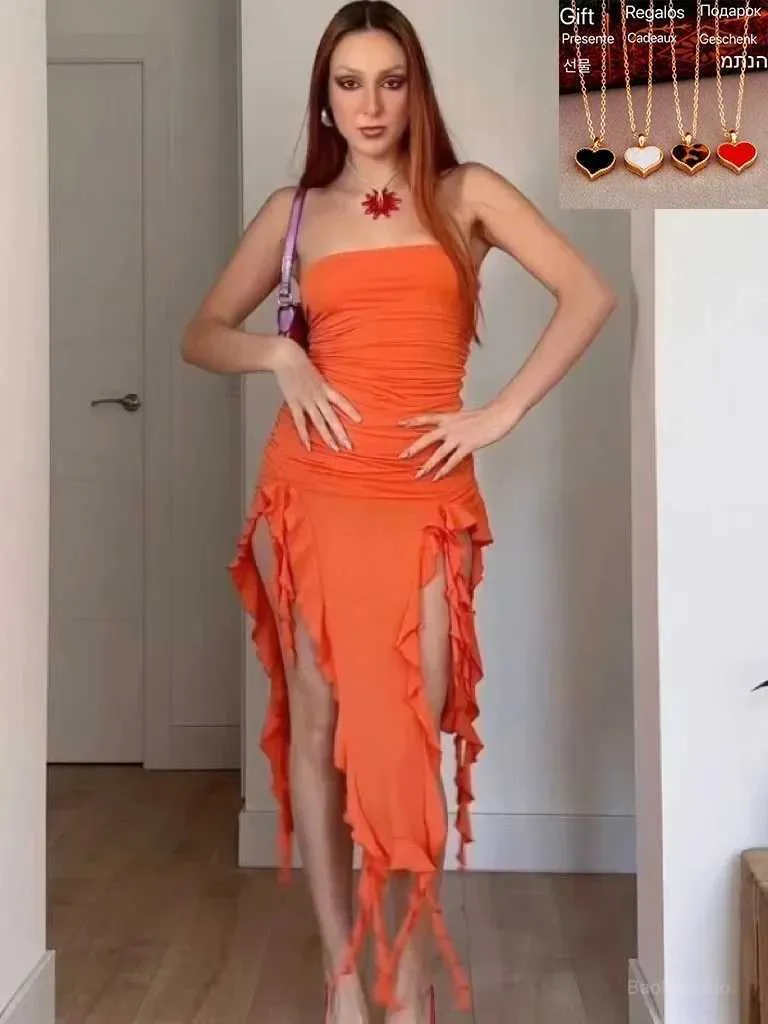 Grundlegende Freizeitkleider 2024, elegante Rüschen, schulterfrei, Damen-Midikleid, trägerlos, schulterfrei, schmal geschnittenes Kleid, Fe, sexy Strandurlaubskleid, VestidoC24315